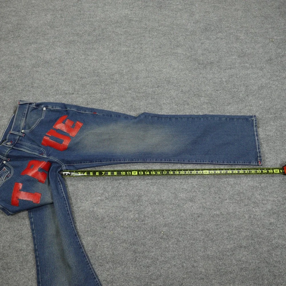 True Religion Jeans Mens 34 Blue Billy Relaxed Bootcut Red Graphic Comet Wash